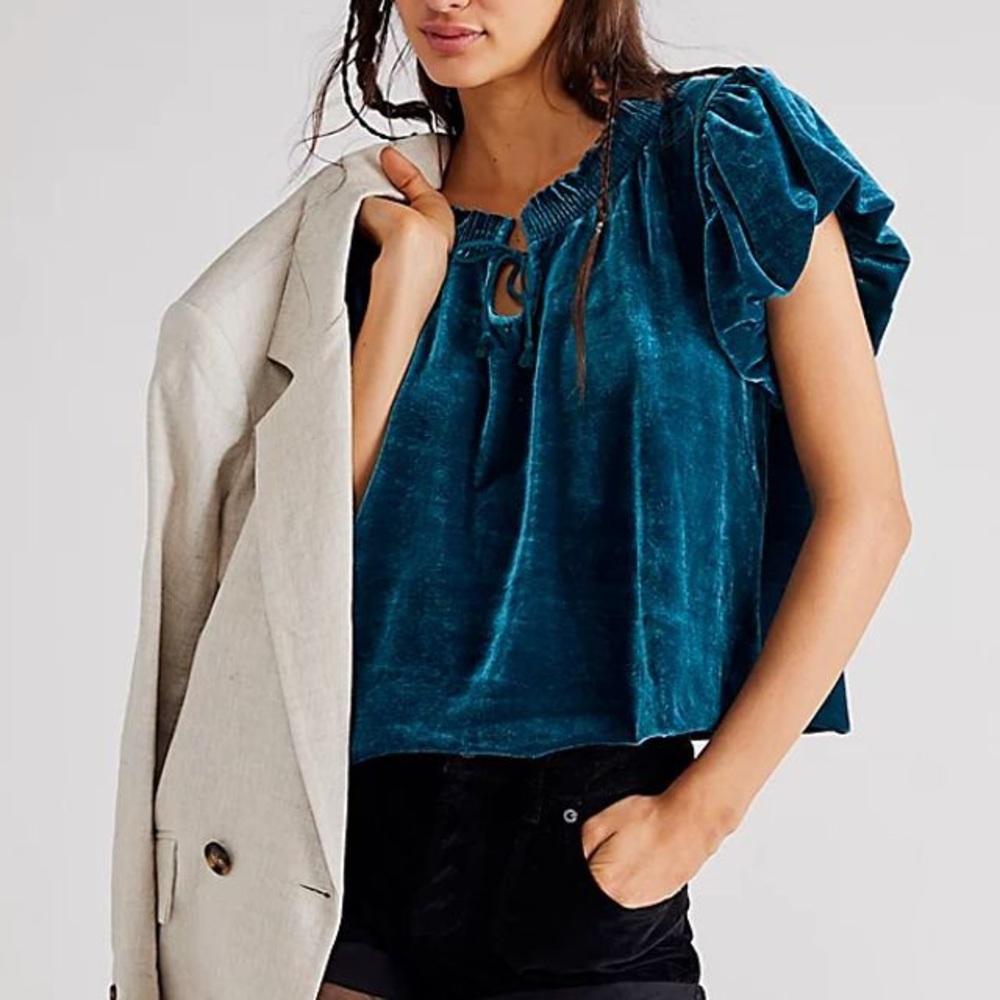Free People Teal Velvet Blouse